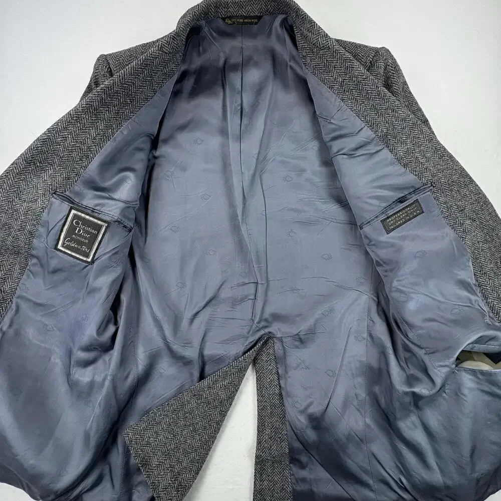 Vintage Christian Dior Sport Coat Blazer Mens 44 Gray Herringbone Wool Tweed